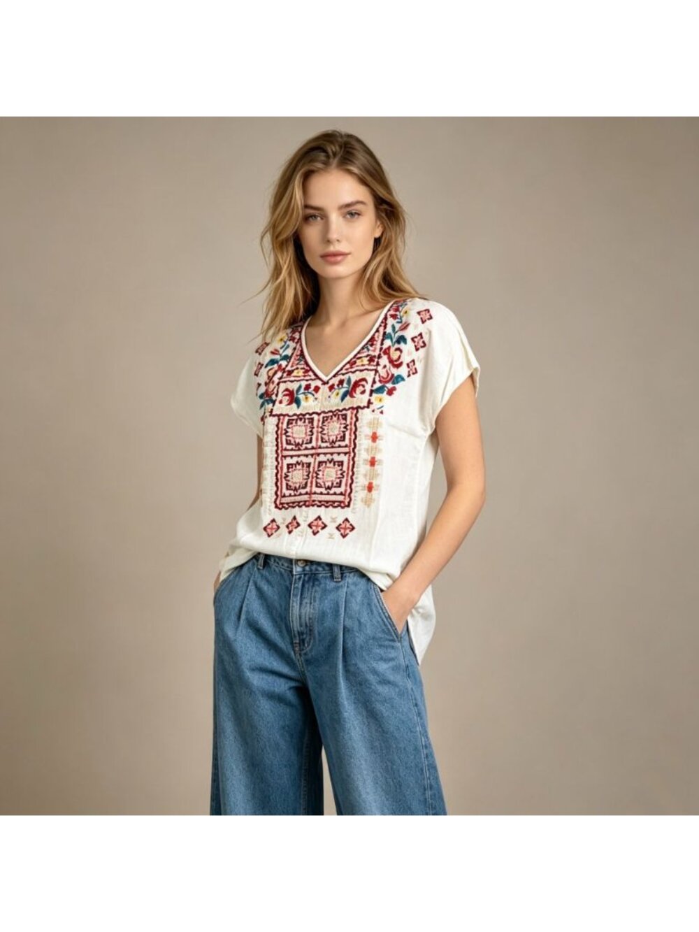 NWOT Johnny Was Linen Floral Embroidered V-Neck Tunic Shirt Blouse Sz S